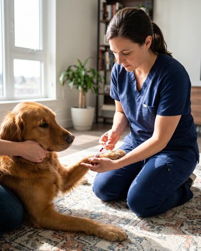 Illustration: a veterinarian kneeling on a living-room rug, steadying a golden retriever's foreleg to take a blood sample