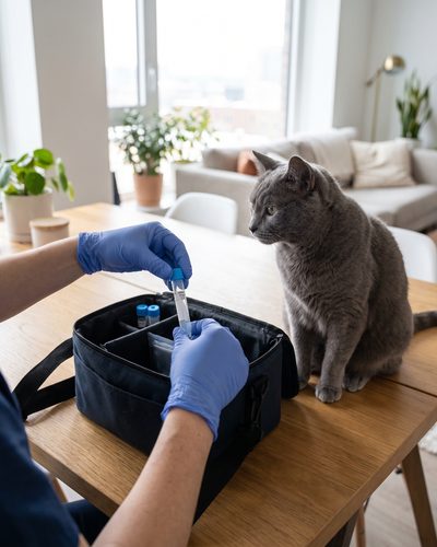 Illustration: gloved hands placing a sample tube into a portable veterinary test case on a dining table, with a grey cat sitting nearby