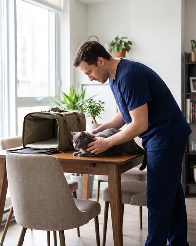 Illustration: a veterinarian examining a calm grey cat on a dining table at home, with an airline pet carrier open beside them