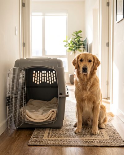 Illustration: a golden retriever sitting calmly beside an open airline-approved travel crate in a bright apartment hallway